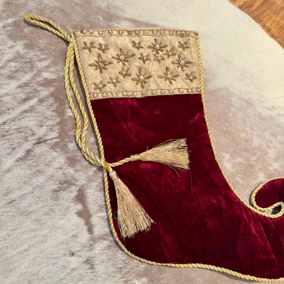 Burgundy Red Velvet & Gold Tassel Trim Christmas Stocking Curly Toe Maximalist - Picture 2 of 12